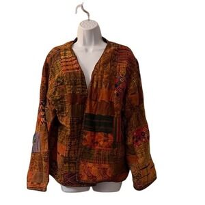 VTG Laise Adzer Patchwork Kimono Jacket Womens Open Front Earth Tones One Size